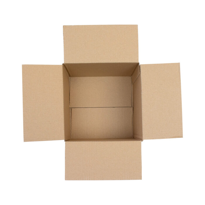 single wall cardboard box open and photographed top down